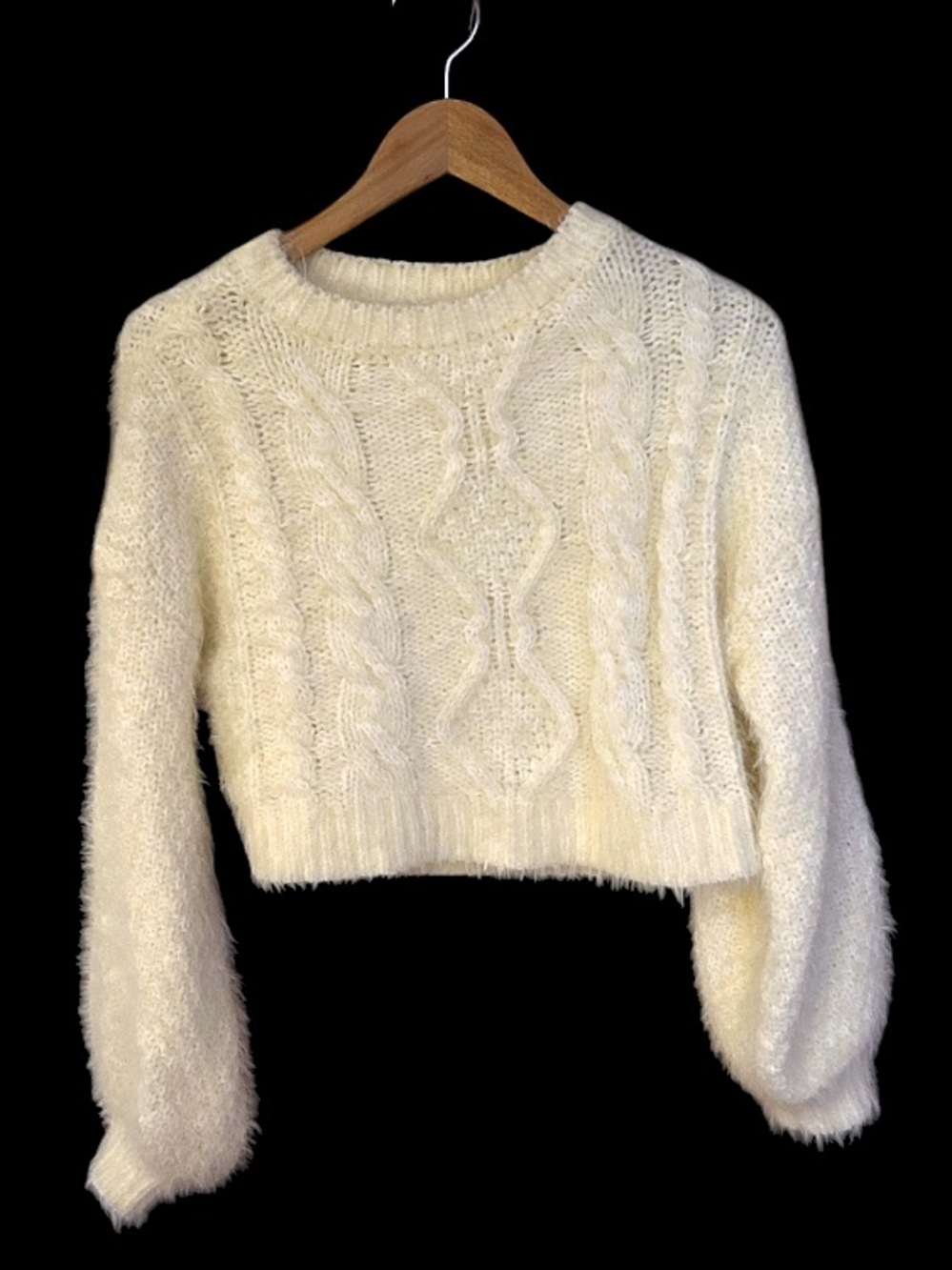 Urban Outfitters Fuzzy Ballon Sleeve Knit Sweater Crew Neck Cream Yellow Size Sm